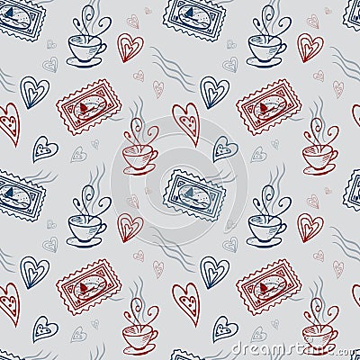 Vector seamless pattern, blue and red heats, stamps and cups on light grey background. Vector Illustration